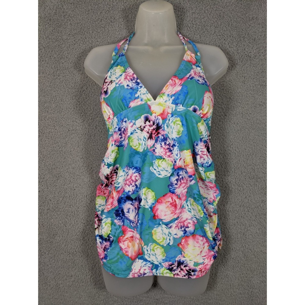 Pinkblush Maternity Swim Halter Tankini Top Sz L Blue Floral Feminine Resort